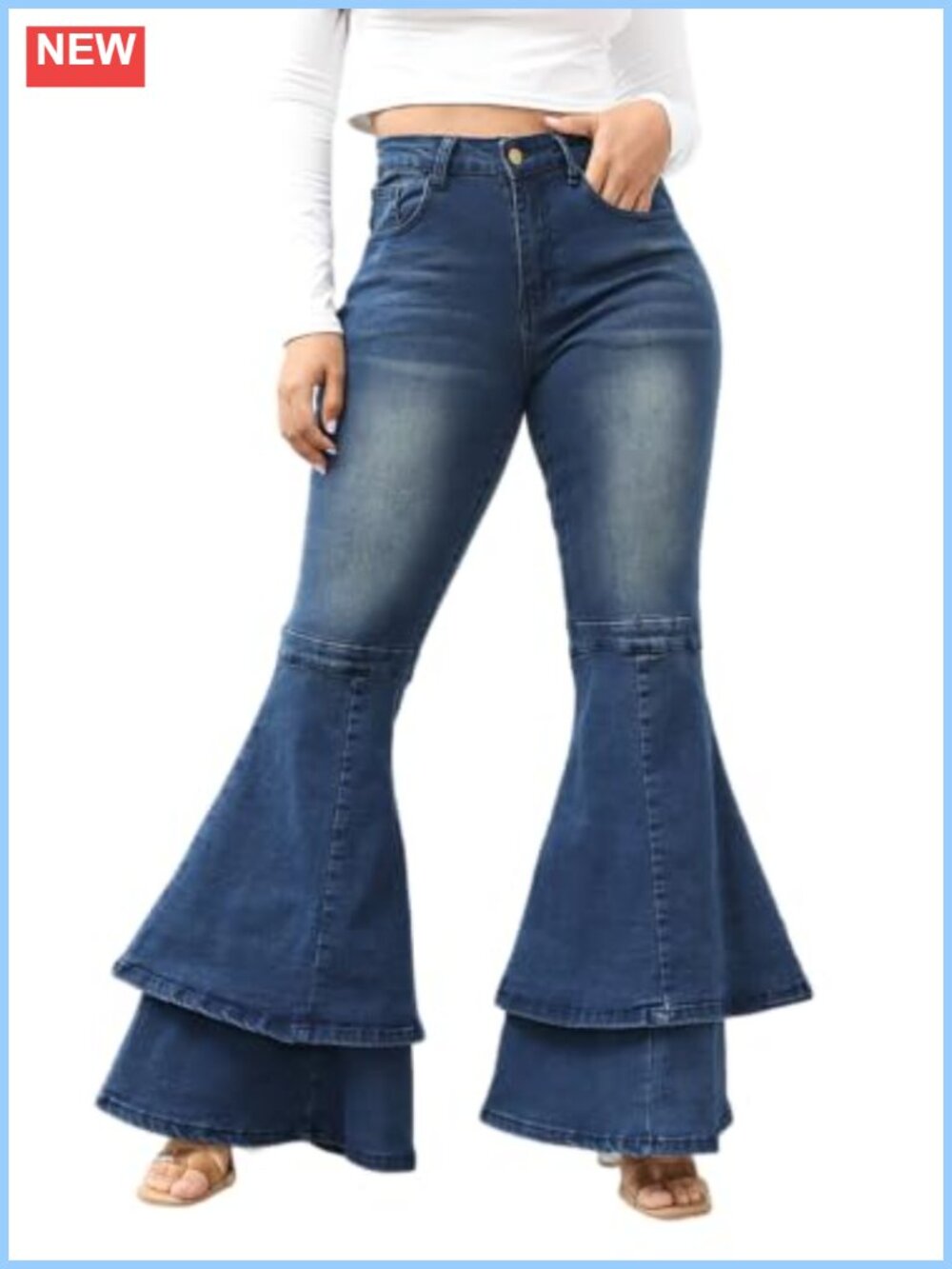 ThusFar Women's Bell Bottom Jeans Stretch Ruffle Layered Flared Bootcut Jeans